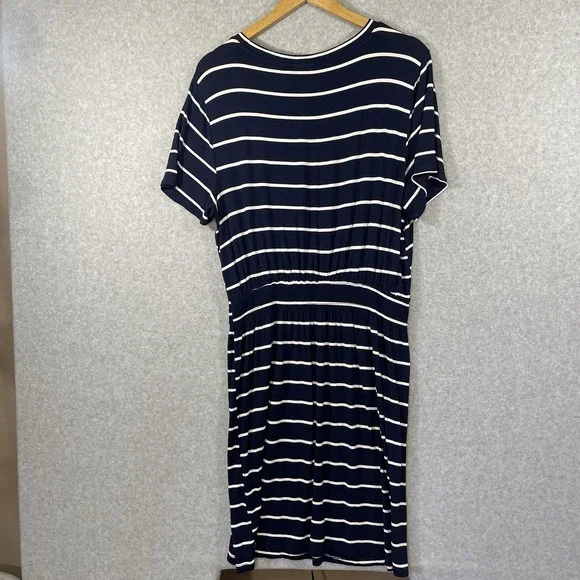 Bobeau Dress Women Large Navy White Midi Short Sleeve Round Neck Elastic Waist‎ - Picture 2 of 8